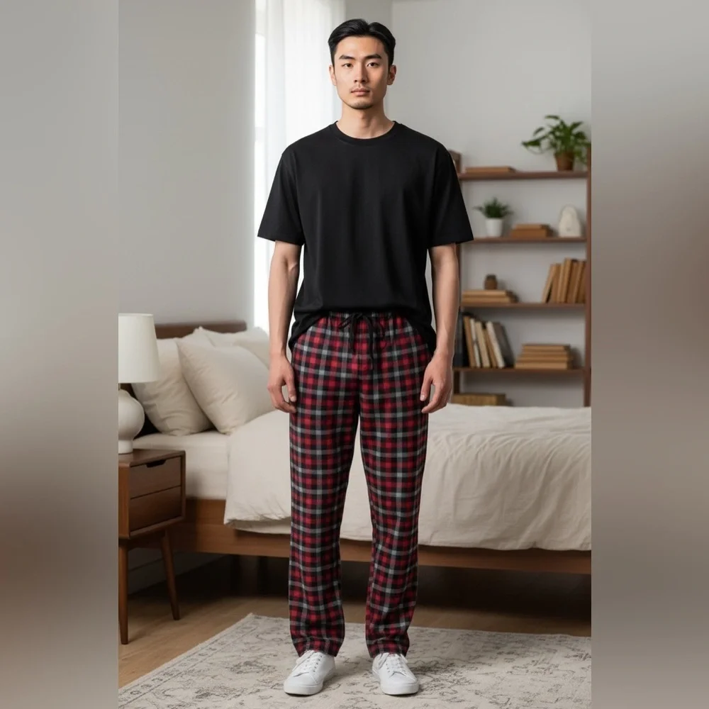 IZOD fleece pajama pants XL black and red plaid side pockets polyester